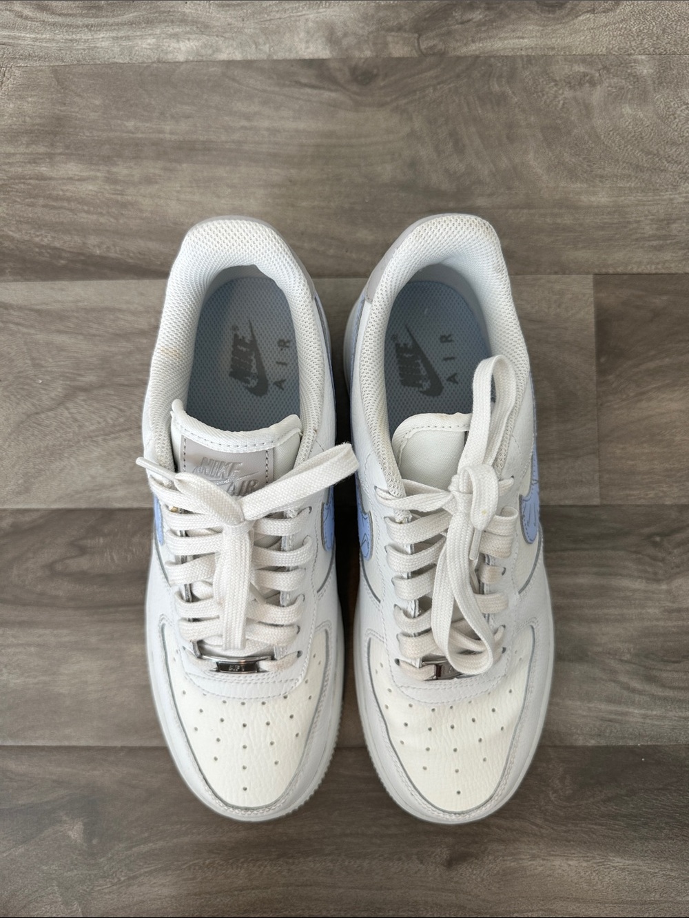 Nike Air Force 1 White Sneakers with Light Blue Swoosh